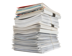 A large stack of white papers and documents tied together with string and binder clips visible on top