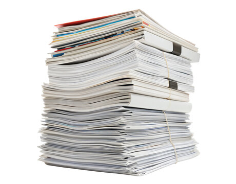 A large stack of white papers and documents tied together with string and binder clips visible on top