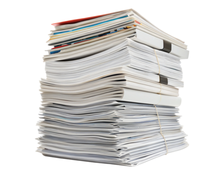 A large stack of white papers and documents tied together with string and binder clips visible on top