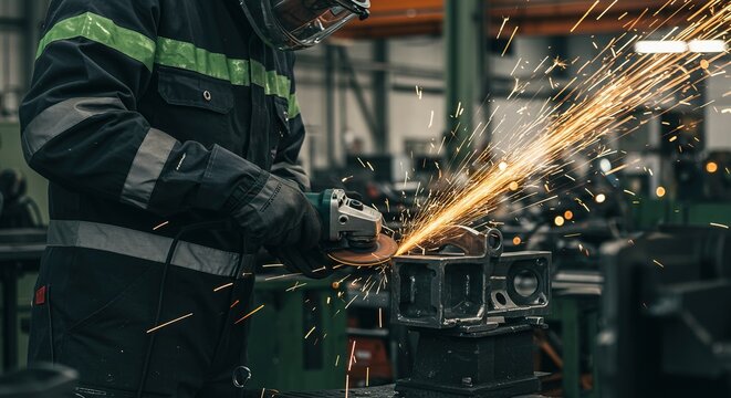 Worker grinding metal in a factory setting with sparks flying.