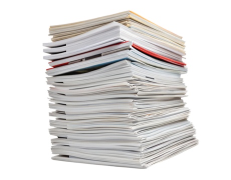 A tall stack of papers and documents with a red folder visible in the middle of the pile sitting still