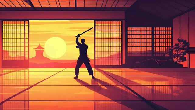Martial arts practice at sunset in a traditional dojo