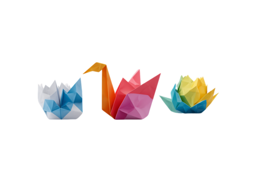 Colorful Origami Swan, Flower and Bud on Transparent Background, PNG - Powered by Adobe