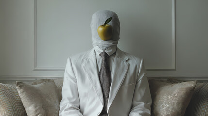 infographic on duality of self | symbolic presence | symbolic tension | overcast neutrals | calm symmetry | apple obscuring face | displaced object realism | symbolic displacement | bourgeois