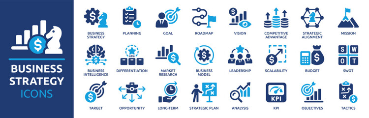 Fototapeta na wymiar Business strategy icon set. Goal, vision, mission, planning, roadmap, business model, tactics, SWOT, competitive advantage, objectives and more. Solid vector icons collection.