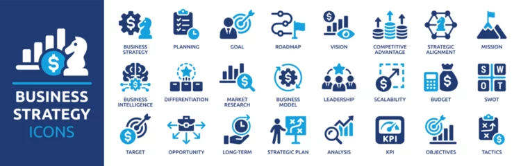 Selbstklebende Fototapeten Business strategy icon set. Goal, vision, mission, planning, roadmap, business model, tactics, SWOT, competitive advantage, objectives and more. Solid vector icons collection. © Icons-Studio