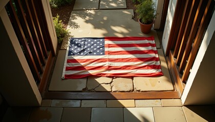 American flag laid out on porch entrance with sunlight and greenery  