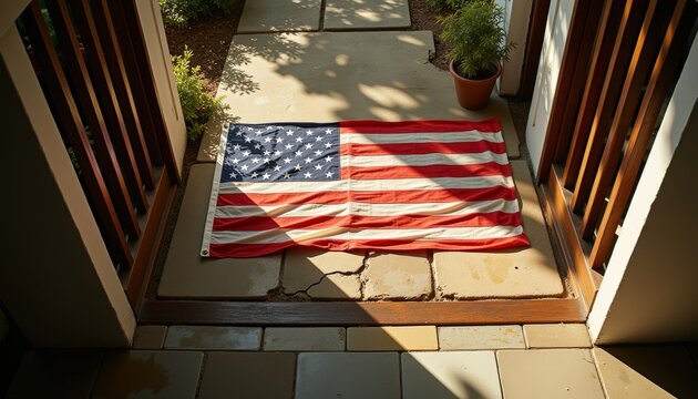 American flag laid out on porch entrance with sunlight and greenery  
