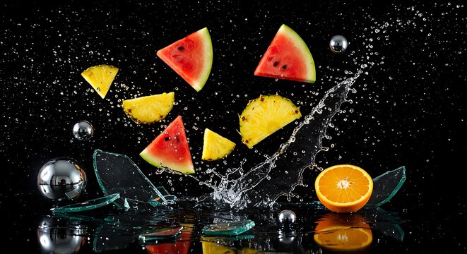 Vibrant Fruit Slices Exploding in Water Splash on Black Background