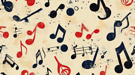 A whimsical musical journey where red and black notes dance playfully across a vintage textured canvas evoking the joy