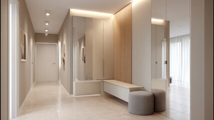 Fototapeta premium hallway interior, modern corridor design, large mirrors, hidden lighting, minimalist storage, soft tones, stylish and welcoming entryway 