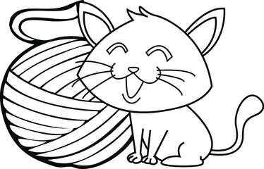 Children_s coloring illustration with Cat and Yarn ball