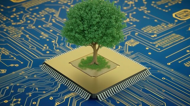 Green technology concept: A tree growing on a microchip