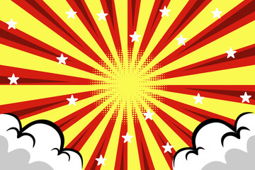This is a red and yellow comic background with a halftone effect of clouds and stars, suitable for banner designs, posters, cartoon comics, stickers, wallpapers, content, anime