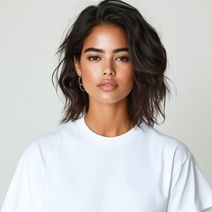 A woman wearing a white t-shirt and gold hoop earrings