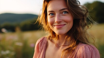 Fototapeta premium A woman with long brown hair smiles at the camera