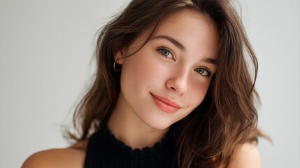 Naklejka premium A woman with long brown hair and blue eyes smiles at the camera