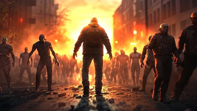 A lone man confronts a horde of zombies in a fiery, urban apocalypse setting.  Warm-toned lighting illuminates the scene, creating a dramatic atmosphere