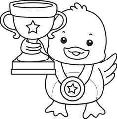 Coloring book of Cute Duck icon. Outline of  Funny baby Duck animal series stock illustration. life of fluffy Duck designs.