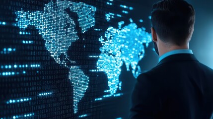 business successful development concept. Business professional analyzing a digital world map with data visualization.