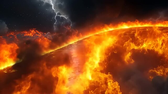 Spectacular Fire planet surface with intense flames and lightning storm background animation