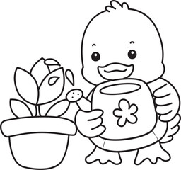 Coloring book of Cute Duck icon. Outline of  Funny baby Duck animal series stock illustration. life of fluffy Duck designs.