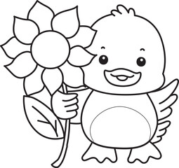 Obraz premium Coloring book of Cute Duck icon. Outline of Funny baby Duck animal series stock illustration. life of fluffy Duck designs.
