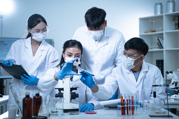 Laboratory research with blood sample in test tube for medical analysis related to health and...