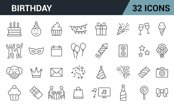 Birthday and Party Line Editable Icons Set. Includes Birthday Cake, Party Hat, Balloons, Gift Box, Fireworks, Music, Celebration, Decorations, and More. Vector illustration.