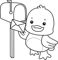 Coloring book of Cute Duck icon. Outline of  Funny baby Duck animal series stock illustration. life of fluffy Duck designs.