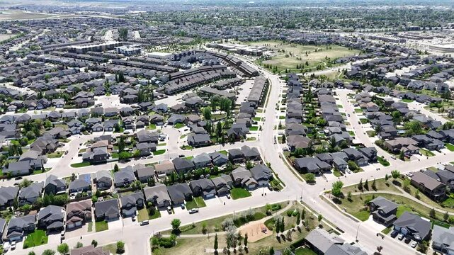 Residential neighborhood with houses and trees. The houses are mostly white and the street is lined with trees