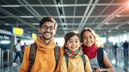 Smiling family with backpacks at an airport, embracing travel with anticipation and joy
