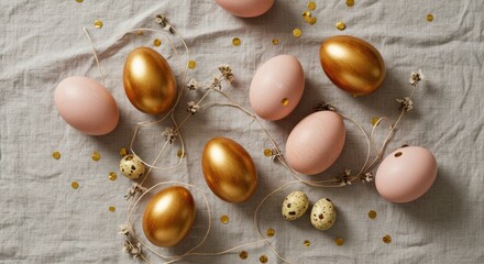 Easter eggs, gold and pink, on linen