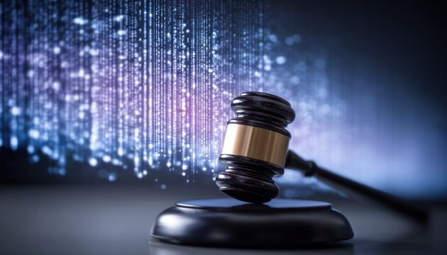 Judge's gavel with digital data overlay