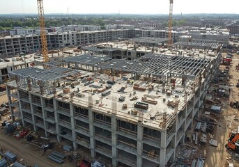 Construction site with steel framework buildings and cranes under a bright sky.