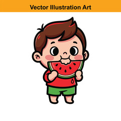 Obraz premium Cute Cartoon Boy Eating Watermelon Slice Vector Illustration Design Art