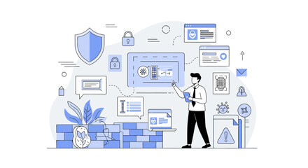 Fototapeta premium Illustration of a person managing cybersecurity and data protection in a digital environment with multiple security icons and devices