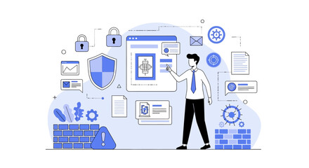 Businessman managing cybersecurity firewall protection and data safety system online