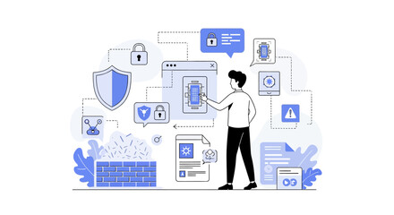 Fototapeta premium Comprehensive digital security management concept with user interacting on mobile and data protection icons