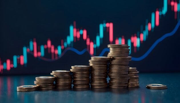 Stack of Coins on the background of a growing financial graph shows a metaphor of financial growth.