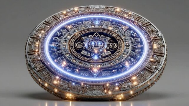 Futuristic Mayan Calendar with Neon Illumination and Ancient Technology Concept Art