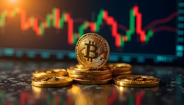 Golden Bitcoin coins rest atop a collection, set against a backdrop of a dynamic stock market chart, symbolizing financial growth, technological advancement, and the digital economy. 