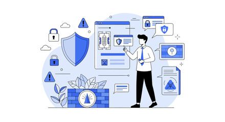 Illustration of cybersecurity protection with firewall shields and secure digital data management