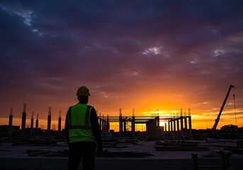Person wearing safety vest looks at construction site during sunset or sunrise.