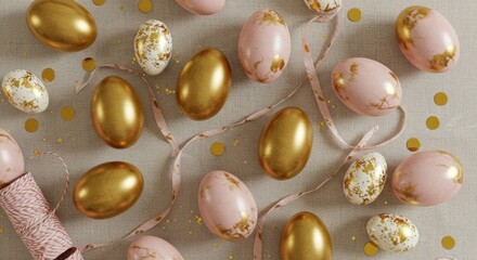 Easter eggs, gold and pink, scattered on a light beige surface with ribbons and confetti