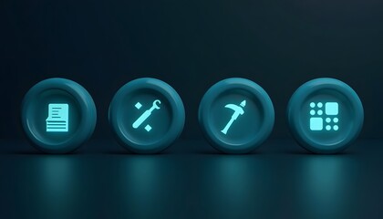 Four teal glowing buttons with various tool icons sit on a dark background.  The buttons represent different functions or options.