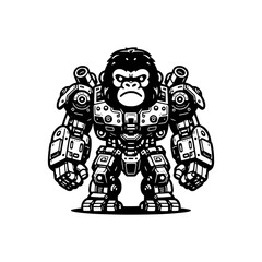 Cyber Gorilla Robot Vector Illustration in Black and White Futuristic Mecha Style with Mechanical Armor and Powerful Design