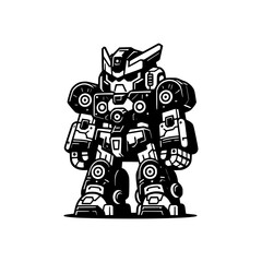 Fototapeta premium Mech Robot Vector Illustration in Black and White Style Powerful Futuristic Battle Machine with Armor and Mechanical Details