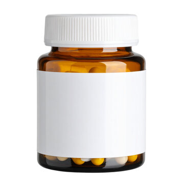 Clear bottle filled with capsules and a blank white label wrap isolated on transparent background