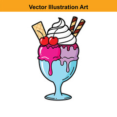 Delicious Ice Cream Sundae Vector Illustration with Cherries and Waffle Cookies